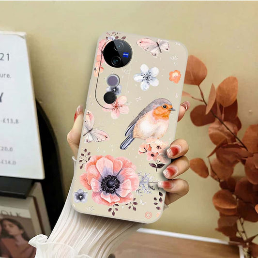Vivo V40 Pro Cover - Off White - D1 - ONation Nature Floral Series - HQ Liquid Silicone Soft Case