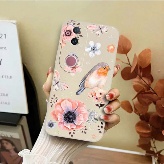 Vivo V50 Cover - Off White - D1 - ONation Nature Floral Series - HQ Liquid Silicone Soft Case