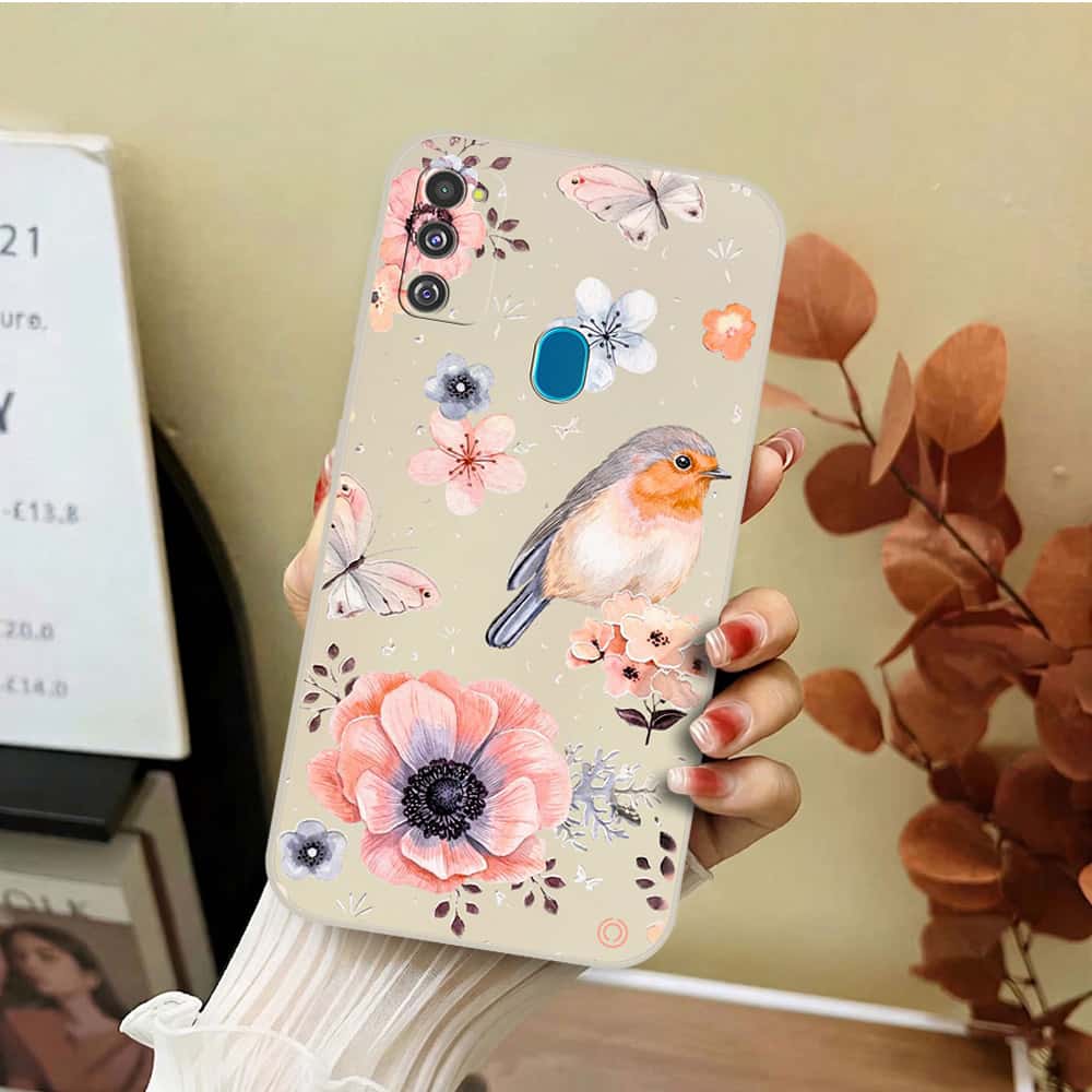 Samsung Galaxy M21 Cover - Off White - D1 - ONation Nature Floral Series - HQ Liquid Silicone Soft Case