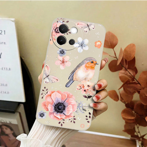Vivo V40 Lite Cover - Off White - D1 - ONation Nature Floral Series - HQ Liquid Silicone Soft Case