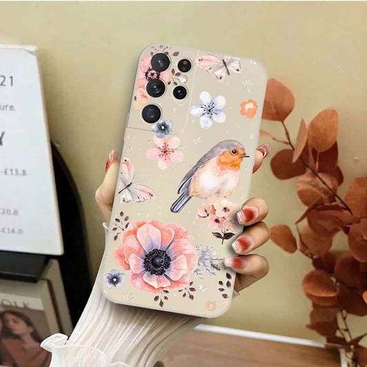 Samsung Galaxy S21 Ultra 5G Cover - Off White - D1 - ONation Nature Floral Series - HQ Liquid Silicone Soft Case