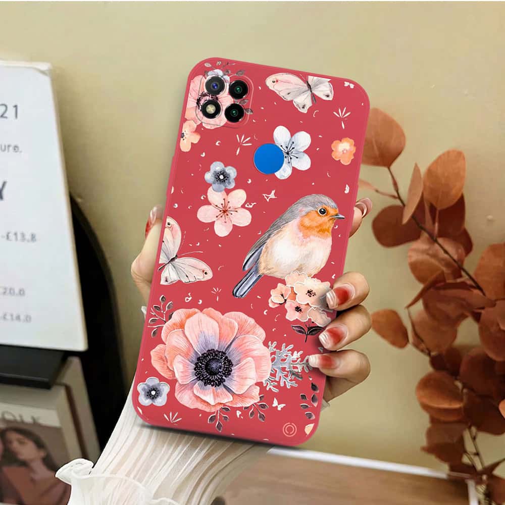 Xiaomi Redmi 10A Cover - Red - D1 - ONation Nature Floral Series - HQ Liquid Silicone Soft Case