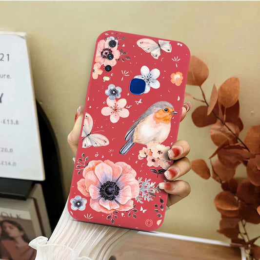 Vivo Y17 Cover - Red - D1 - ONation Nature Floral Series - HQ Liquid Silicone Soft Case