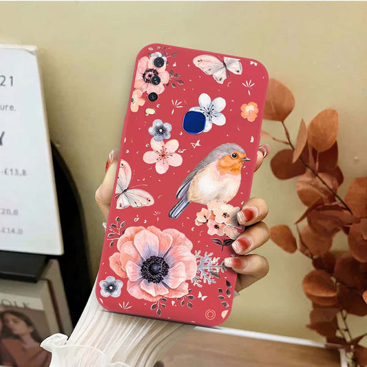 Vivo Y12 Cover - Red - D1 - ONation Nature Floral Series - HQ Liquid Silicone Soft Case