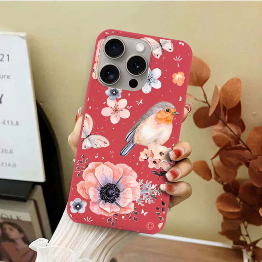iPhone 15 Pro Max Cover - Red - D1 - ONation Nature Floral Series - HQ Liquid Silicone Soft Case