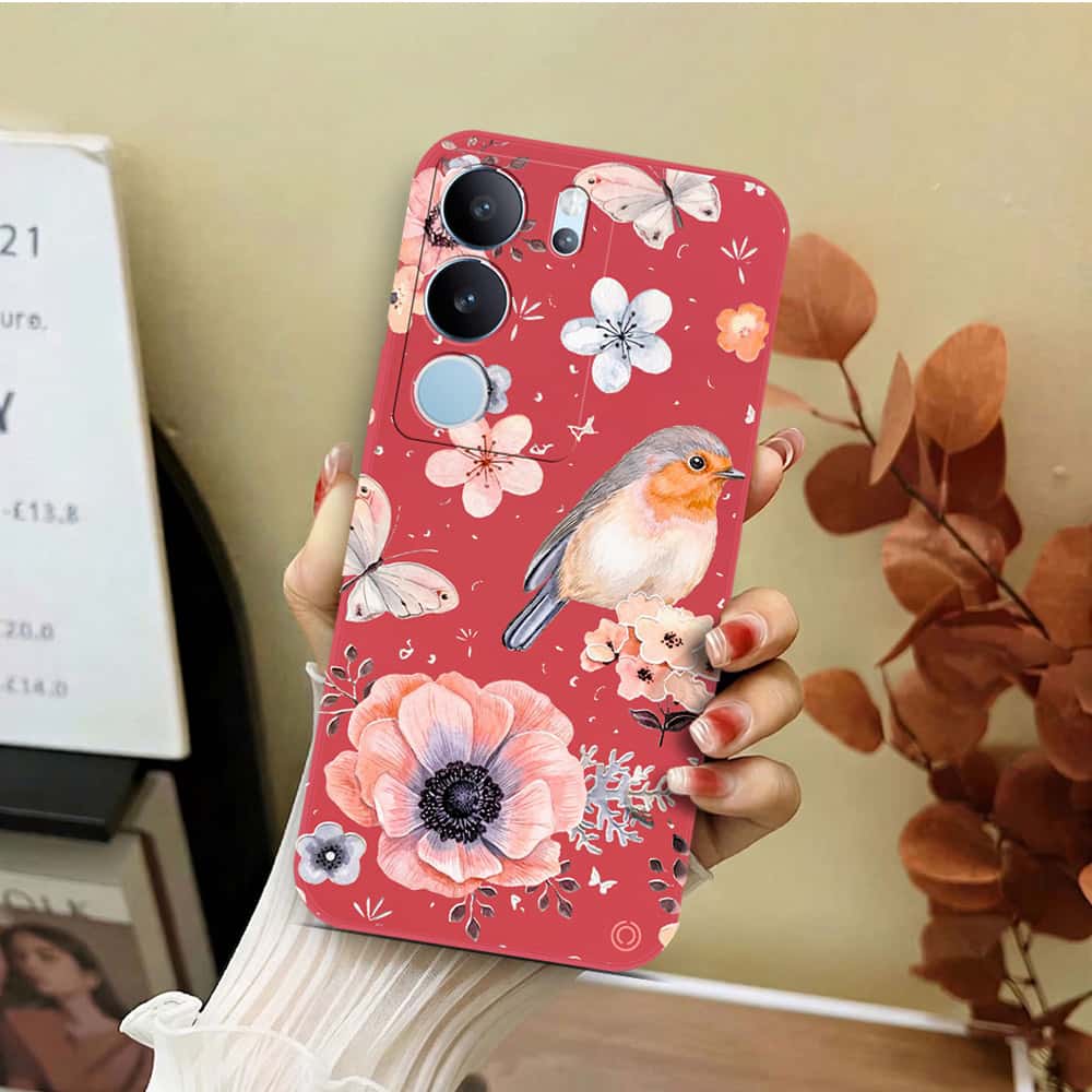 Vivo S17 Pro Cover - Red - D1 - ONation Nature Floral Series - HQ Liquid Silicone Soft Case
