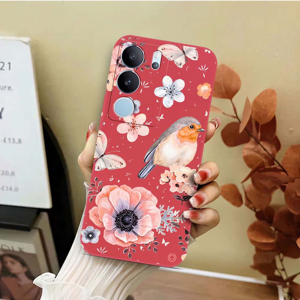 Vivo S17t Cover - Red - D1 - ONation Nature Floral Series - HQ Liquid Silicone Soft Case