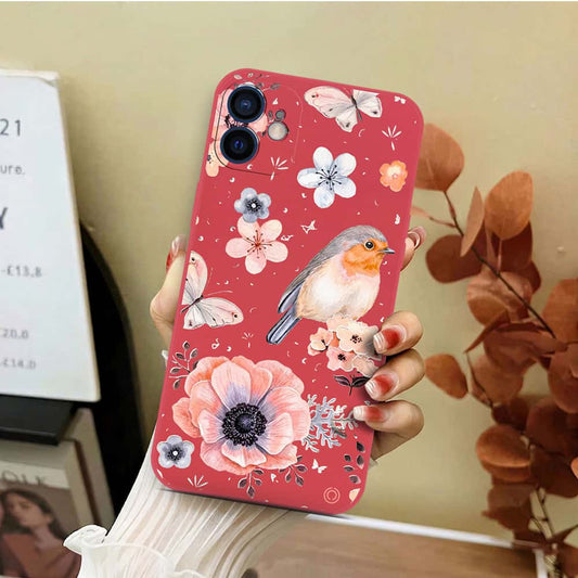 iPhone 12 Mini Cover - Red - D1 - ONation Nature Floral Series - HQ Liquid Silicone Soft Case