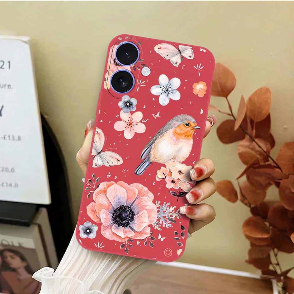 iPhone 16 Cover - Red - D1 - ONation Nature Floral Series - HQ Liquid Silicone Soft Case