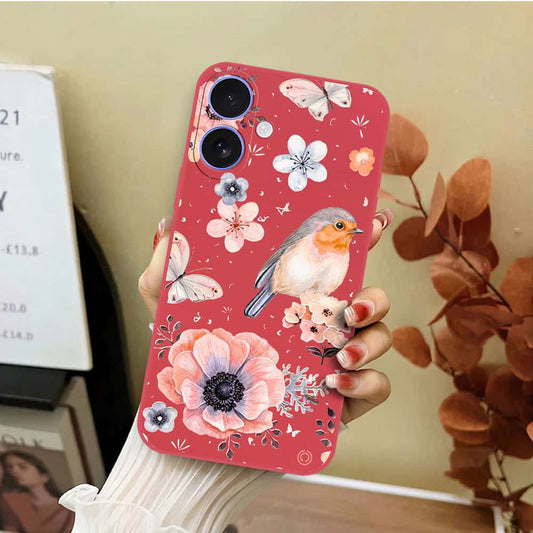 iPhone 16 Cover - Red - D1 - ONation Nature Floral Series - HQ Liquid Silicone Soft Case