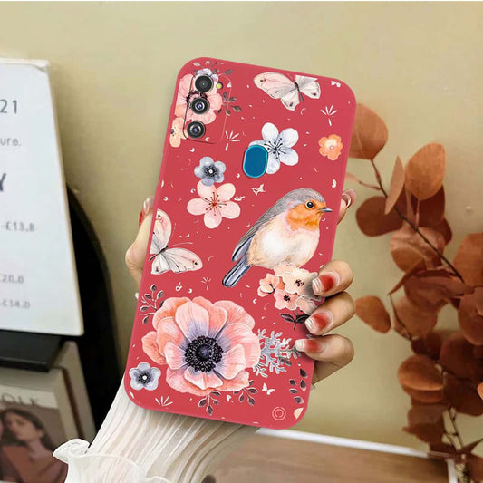 Samsung Galaxy M21 Cover - Red - D1 - ONation Nature Floral Series - HQ Liquid Silicone Soft Case