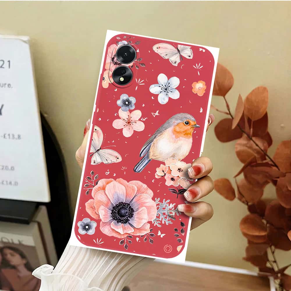 Oppo A38 Cover - Red - D1 - ONation Nature Floral Series - HQ Liquid Silicone Soft Case
