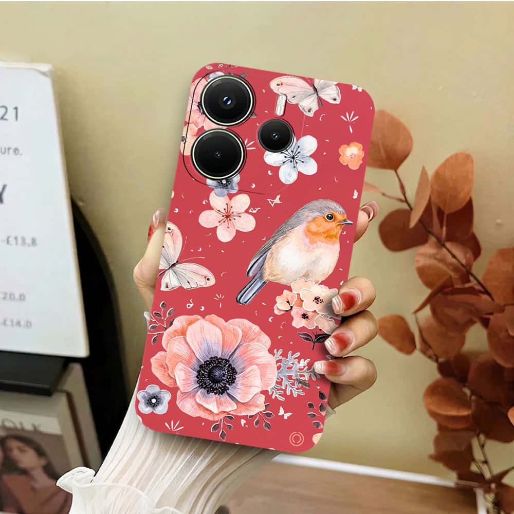 Xiaomi Redmi Note 14 4G Cover - Red - D1 - ONation Nature Floral Series - HQ Liquid Silicone Soft Case