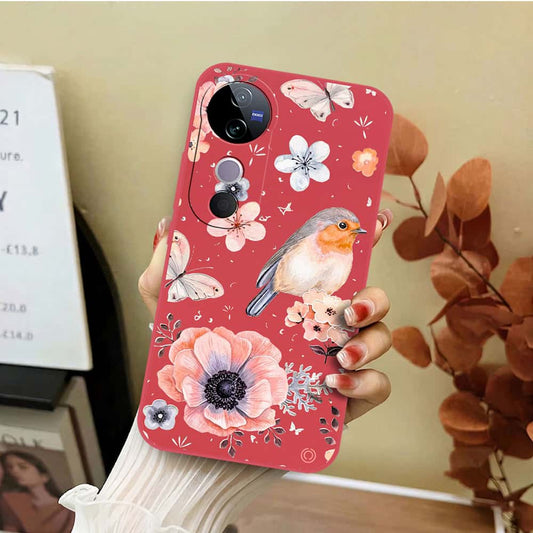 Vivo S19 Cover - Red - D1 - ONation Nature Floral Series - HQ Liquid Silicone Soft Case