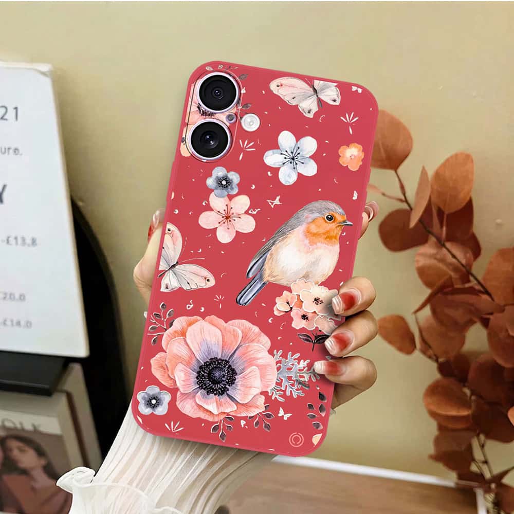 iPhone 17 Cover - Red - D1 - ONation Nature Floral Series - HQ Liquid Silicone Soft Case