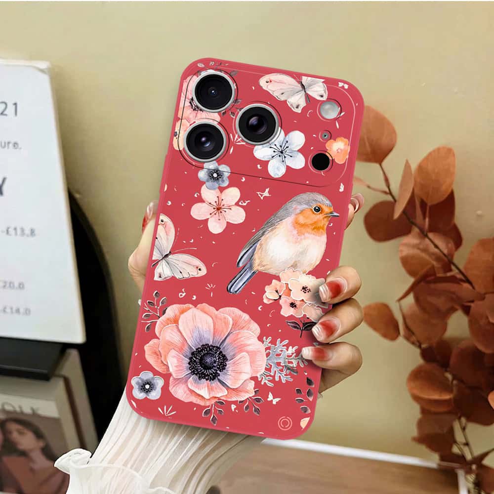 iPhone 17 Pro Cover - Red - D1 - ONation Nature Floral Series - HQ Liquid Silicone Soft Case