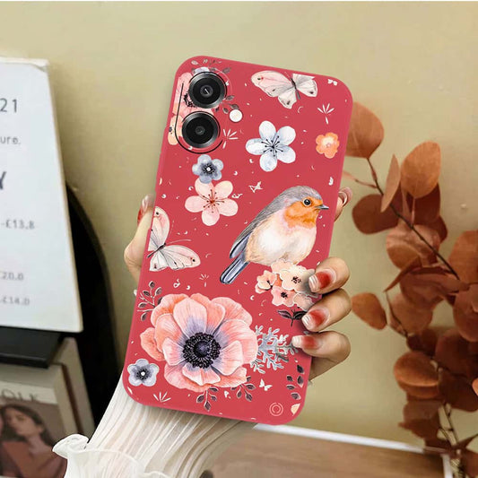 Samsung Galaxy F07 Cover - Red - D1 - ONation Nature Floral Series - HQ Liquid Silicone Soft Case