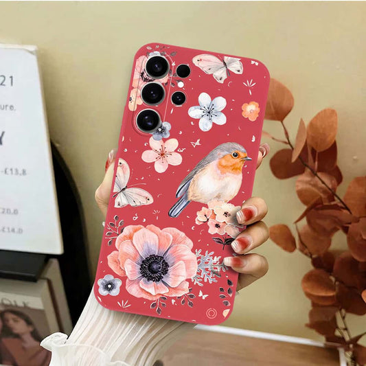 Samsung Galaxy S26 Ultra Cover - Red - D1 - ONation Nature Floral Series - HQ Liquid Silicone Soft Case
