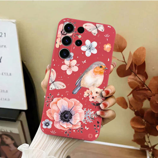 Samsung Galaxy S23 Ultra 5G Cover - Red - D1 - ONation Nature Floral Series - HQ Liquid Silicone Soft Case
