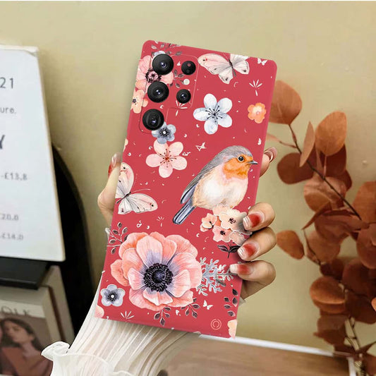 Samsung Galaxy S22 Ultra 5G Cover - Red - D1 - ONation Nature Floral Series - HQ Liquid Silicone Soft Case