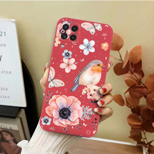 Samsung Galaxy M32 Cover - Red - D1 - ONation Nature Floral Series - HQ Liquid Silicone Soft Case