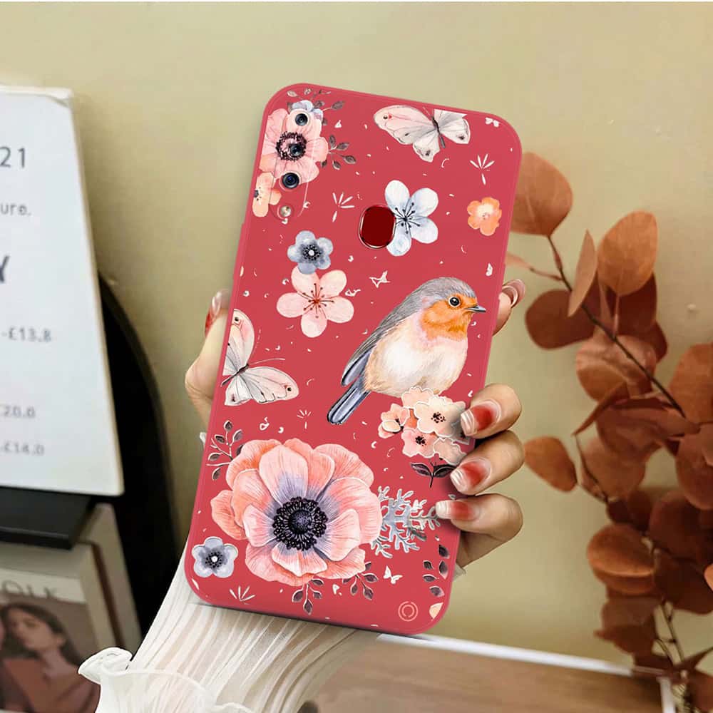 Samsung Galaxy A20s Cover - Red - D1 - ONation Nature Floral Series - HQ Liquid Silicone Soft Case