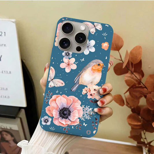 iPhone 15 Pro Max Cover - Blue - D1 - ONation Nature Floral Series - HQ Liquid Silicone Soft Case