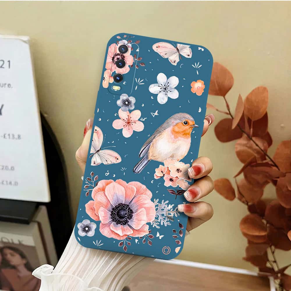 Vivo Y12s Cover - Blue - D1 - ONation Nature Floral Series - HQ Liquid Silicone Soft Case
