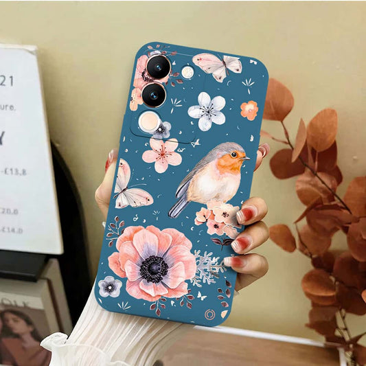 Vivo V29e Cover - Blue - D1 - ONation Nature Floral Series - HQ Liquid Silicone Soft Case
