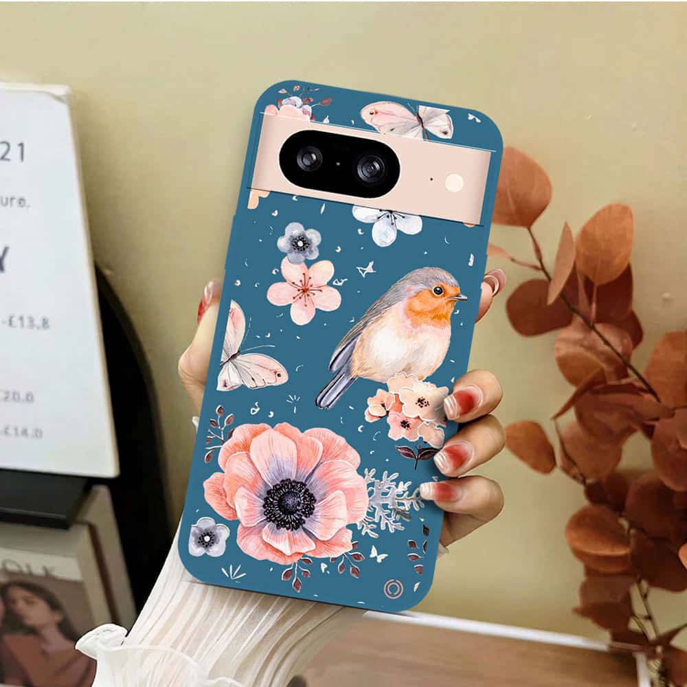 Google Pixel 8 Cover - Blue - D1 - ONation Nature Floral Series - HQ Liquid Silicone Soft Case
