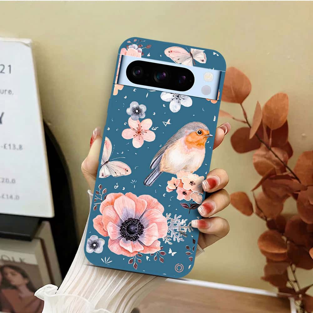Google Pixel 8 Pro Cover - Blue - D1 - ONation Nature Floral Series - HQ Liquid Silicone Soft Case