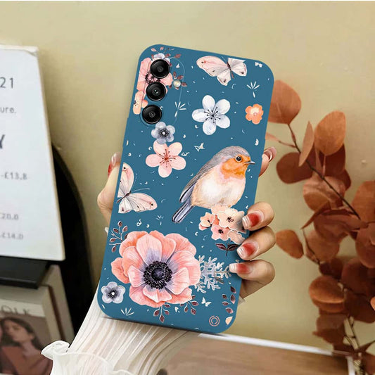 Samsung Galaxy A14 5G Cover - Blue - D1 - ONation Nature Floral Series - HQ Liquid Silicone Soft Case