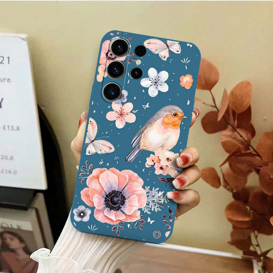 Samsung Galaxy S23 Ultra 5G Cover - Blue - D1 - ONation Nature Floral Series - HQ Liquid Silicone Soft Case