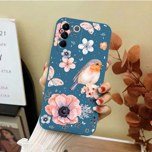 Vivo V27e Cover - Blue - D1 - ONation Nature Floral Series - HQ Liquid Silicone Soft Case