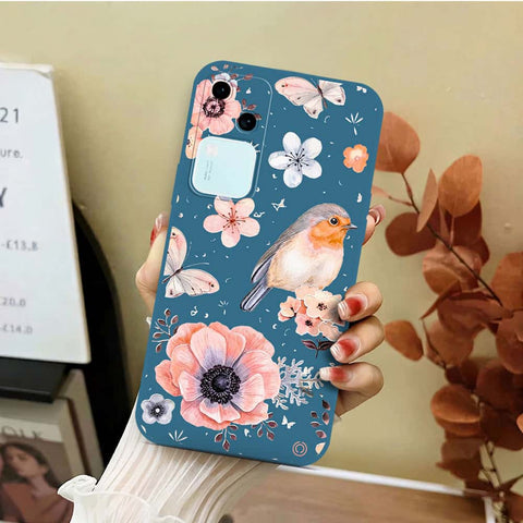 Vivo V30 Cover - Blue - D1 - ONation Nature Floral Series - HQ Liquid Silicone Soft Case