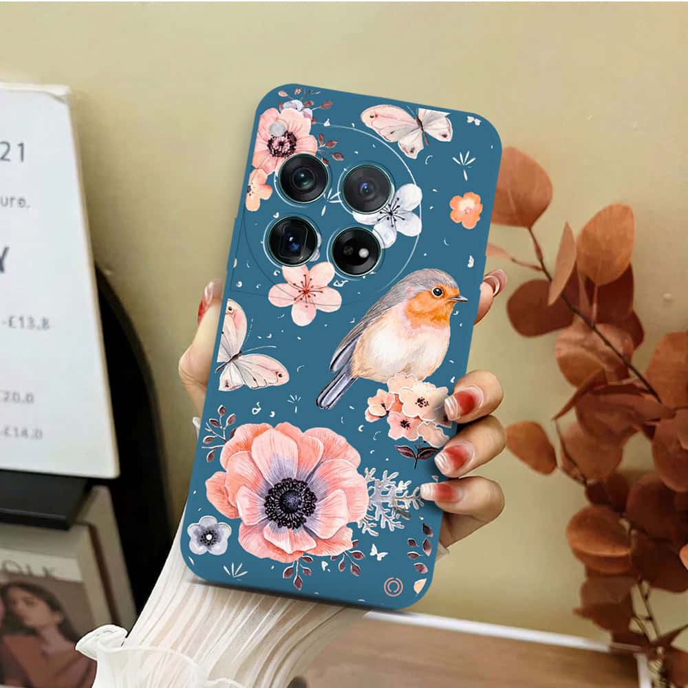 OnePlus 12 Cover - Blue - D1 - ONation Nature Floral Series - HQ Liquid Silicone Soft Case