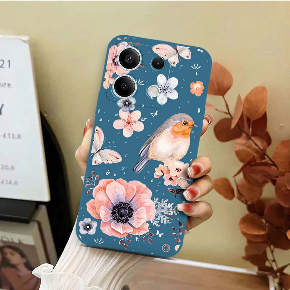 Xiaomi Redmi Note 13 Cover - Blue - D1 - ONation Nature Floral Series - HQ Liquid Silicone Soft Case
