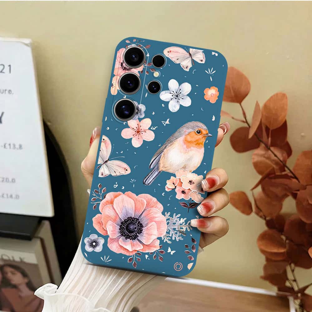 Samsung Galaxy S24 Ultra Cover - Blue - D1 - ONation Nature Floral Series - HQ Liquid Silicone Soft Case