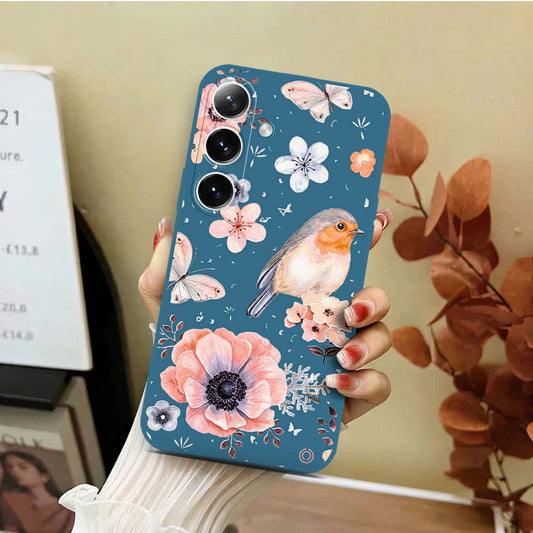 Samsung Galaxy S25 Cover - Blue - D1 - ONation Nature Floral Series - HQ Liquid Silicone Soft Case