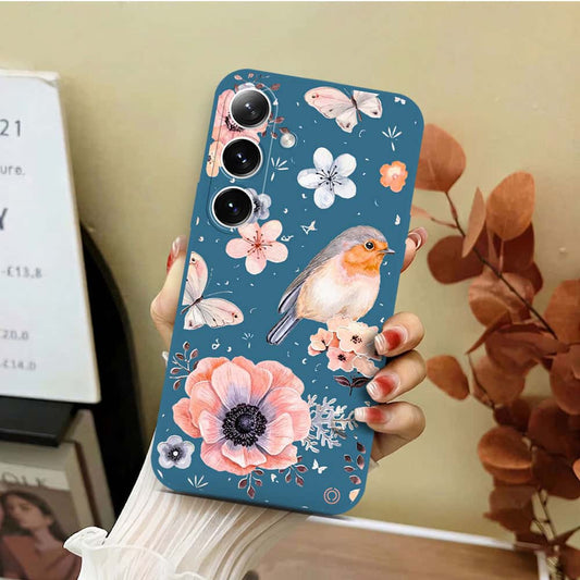 Samsung Galaxy S25 Plus Cover - Blue - D1 - ONation Nature Floral Series - HQ Liquid Silicone Soft Case