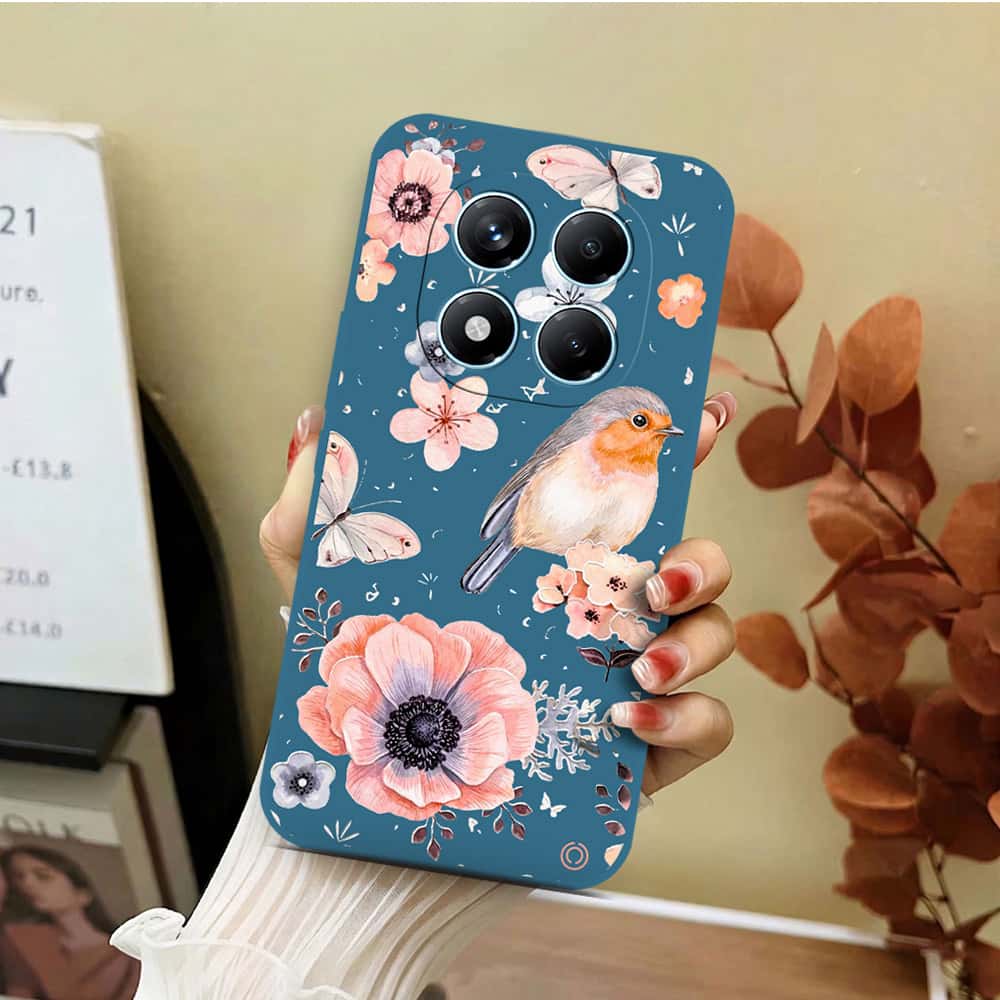 Xiaomi Redmi Note 14 Pro 4G Cover - Blue - D1 - ONation Nature Floral Series - HQ Liquid Silicone Soft Case