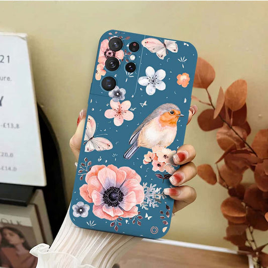 Samsung Galaxy S21 Ultra 5G Cover - Blue - D1 - ONation Nature Floral Series - HQ Liquid Silicone Soft Case