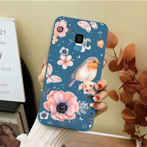 Samsung Galaxy S9 Cover - Blue - D1 - ONation Nature Floral Series - HQ Liquid Silicone Soft Case
