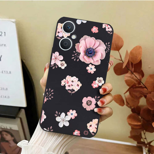 Oppo A96 5G Cover - Black - D2 - ONation Nature Floral Series - HQ Liquid Silicone Soft Case
