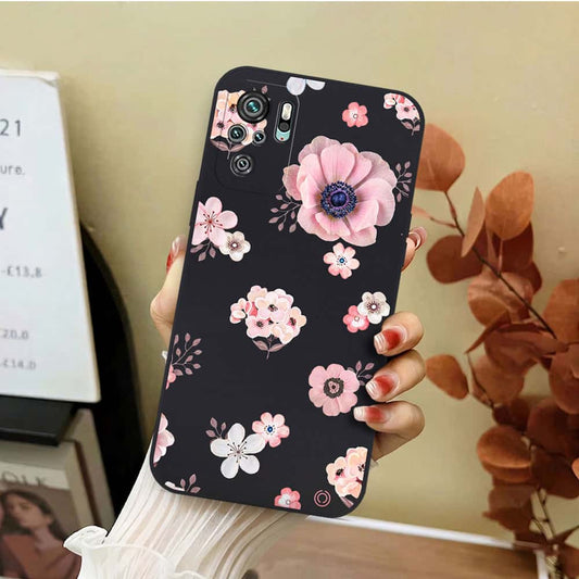 Xiaomi Redmi Note 10 4G Cover - Black - D2 - ONation Nature Floral Series - HQ Liquid Silicone Soft Case