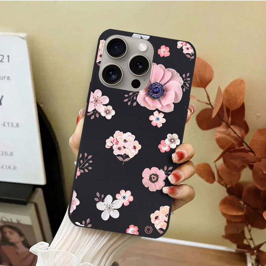 iPhone 15 Pro Max Cover - Black - D2 - ONation Nature Floral Series - HQ Liquid Silicone Soft Case
