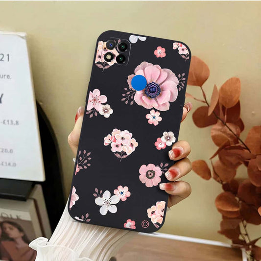 Xiaomi Redmi 10A Cover - Black - D2 - ONation Nature Floral Series - HQ Liquid Silicone Soft Case