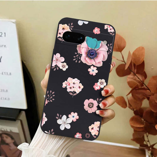 Google Pixel 7a Cover - Black - D2 - ONation Nature Floral Series - HQ Liquid Silicone Soft Case
