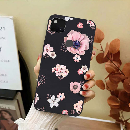 Google Pixel 4a 4G Cover - Black - D2 - ONation Nature Floral Series - HQ Liquid Silicone Soft Case