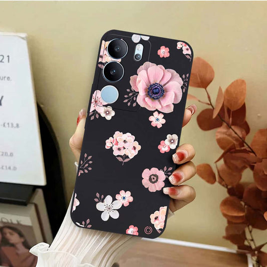 Vivo V29 Pro Cover - Black - D2 - ONation Nature Floral Series - HQ Liquid Silicone Soft Case